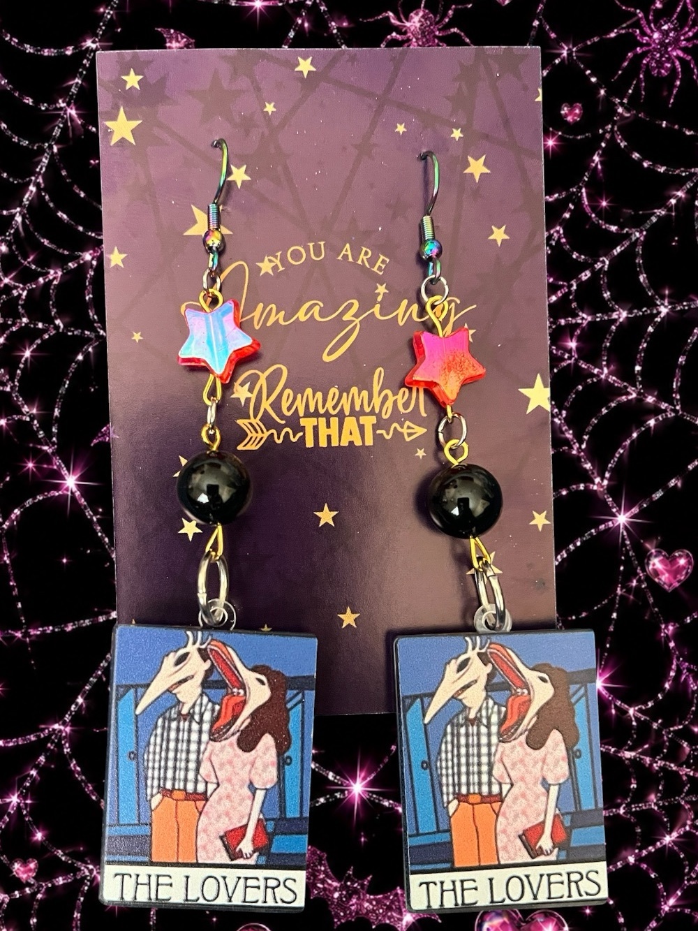 Tarot 'The Lovers' Dangle Earrings with Pink-Star and Black Bead Accents